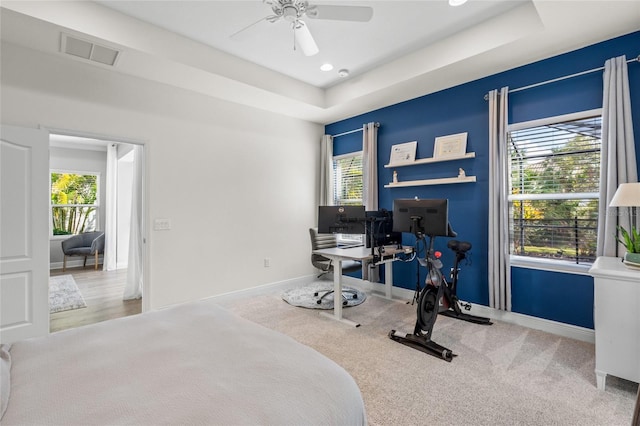 carpeted office space featuring a tray ceiling, ceiling fan, and a healthy amount of sunlight