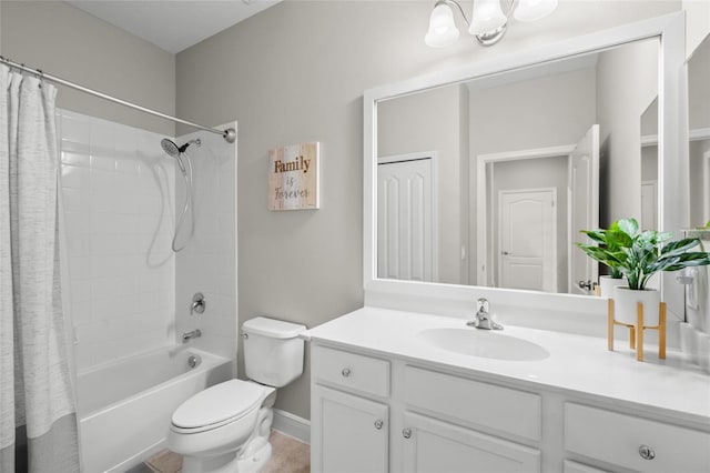 full bathroom with vanity, toilet, and shower / bathtub combination with curtain