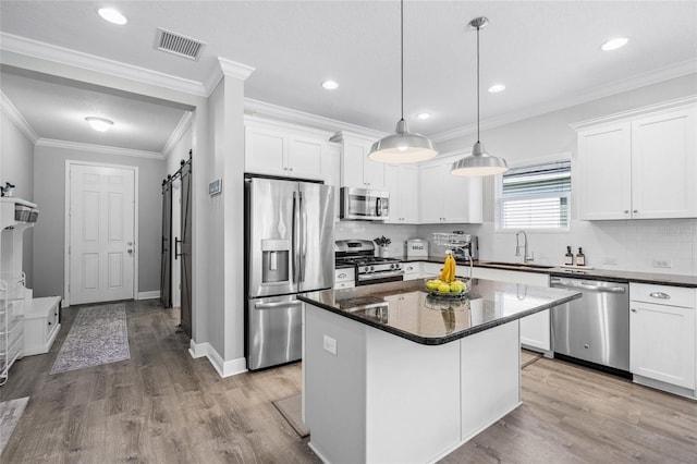 kitchen with appliances with stainless steel finishes, a kitchen island, sink, a barn door, and white cabinetry