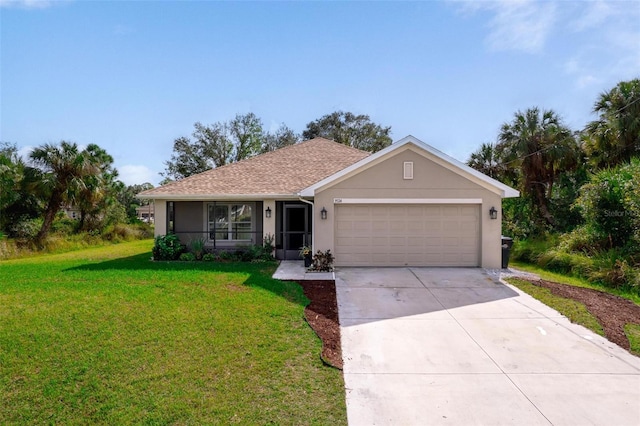 ranch-style home featuring a garage and a front yard