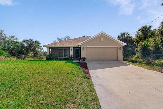 single story home featuring a garage and a front yard