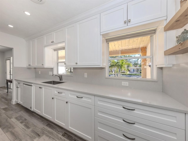 kitchen featuring white cabinets, dark hardwood / wood-style floors, dishwasher, and sink