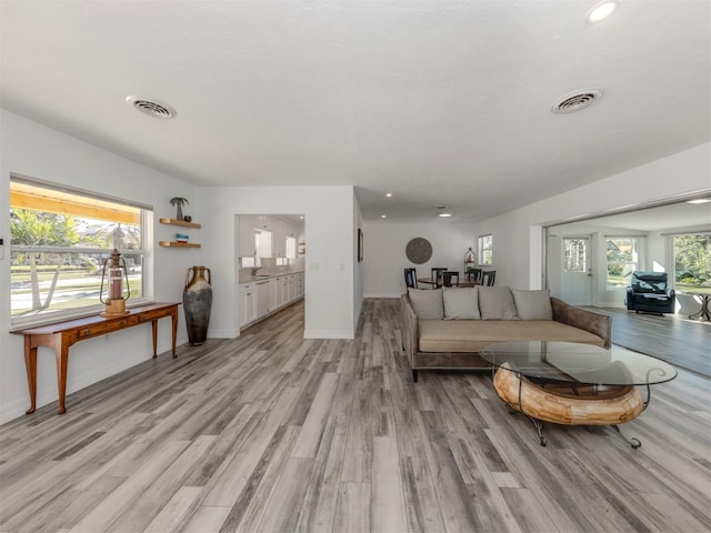 living room with light wood-type flooring and plenty of natural light