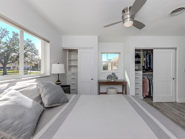 bedroom featuring hardwood / wood-style floors, ceiling fan, and multiple windows