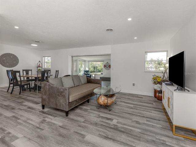 living room with a healthy amount of sunlight and light hardwood / wood-style floors