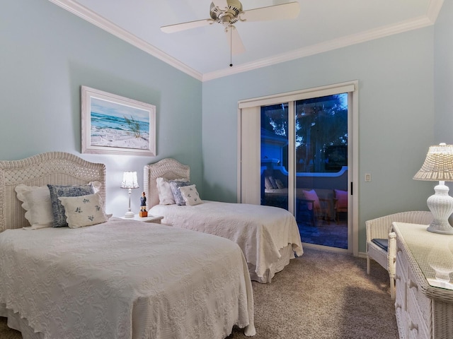 carpeted bedroom with access to outside, ceiling fan, and ornamental molding