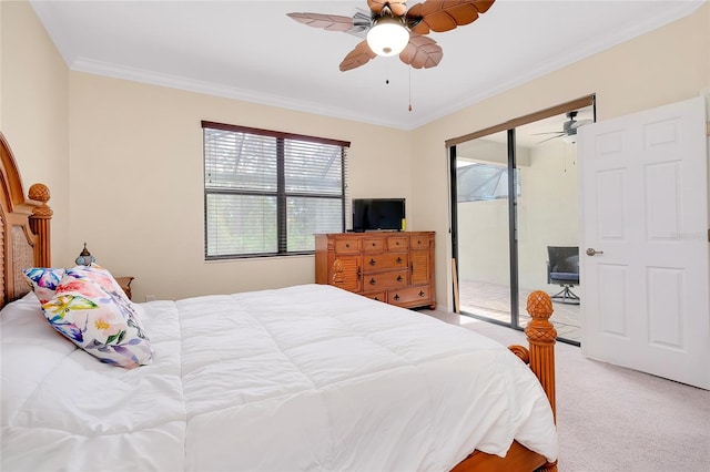 bedroom with access to outside, ceiling fan, light colored carpet, and ornamental molding