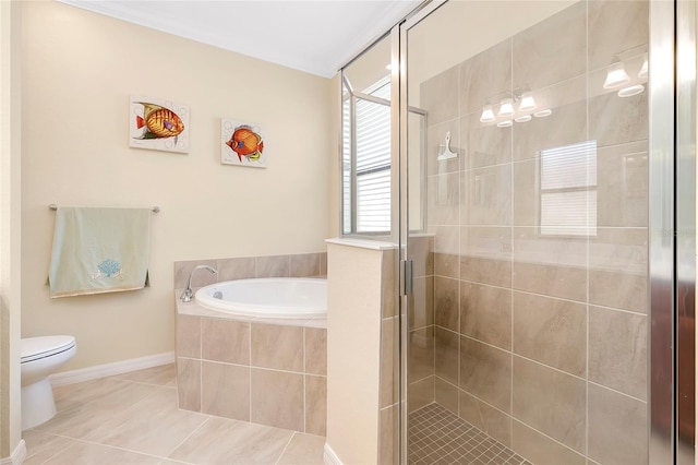 bathroom with tile patterned floors, toilet, and plus walk in shower