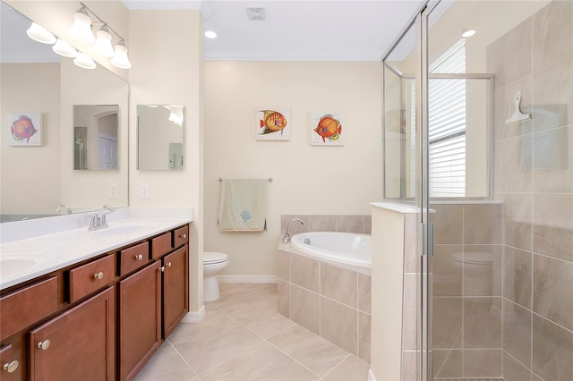 full bathroom with tile patterned floors, vanity, plus walk in shower, and toilet