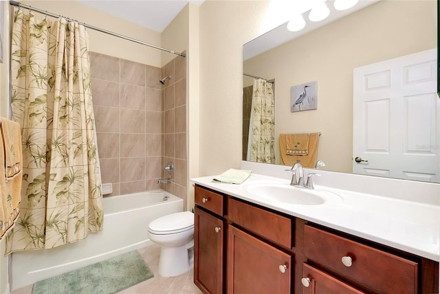 full bathroom featuring tile patterned flooring, shower / bath combination with curtain, toilet, and vanity