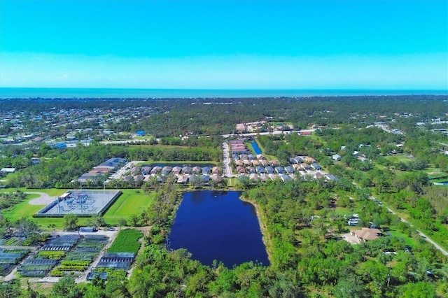 bird's eye view with a water view