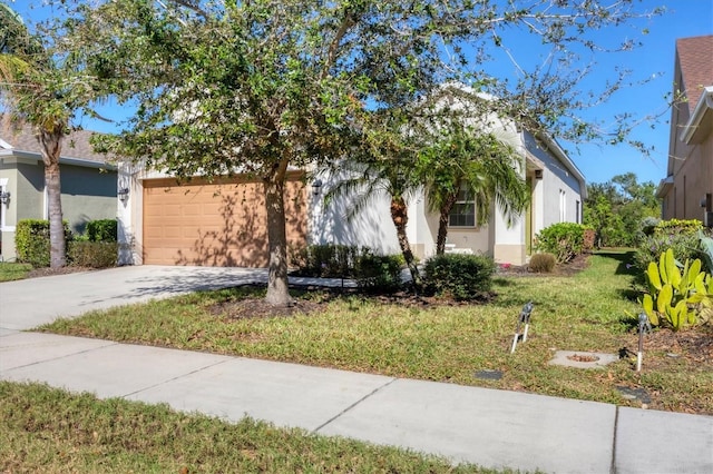 view of property hidden behind natural elements featuring a front lawn and a garage