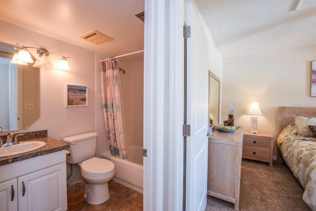 full bathroom with shower / tub combo, vanity, a textured ceiling, and toilet