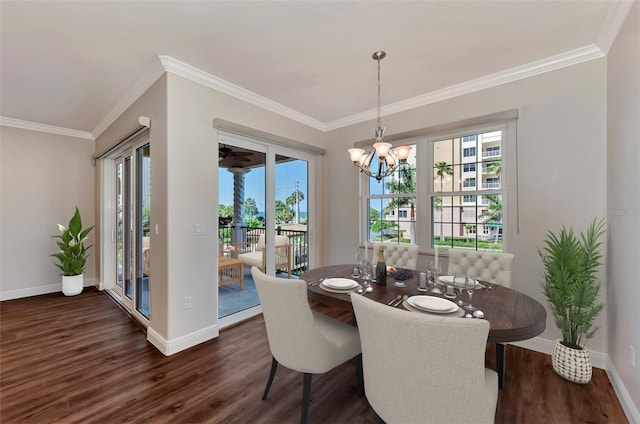 dining area featuring a healthy amount of sunlight, crown molding, and dark wood-type flooring