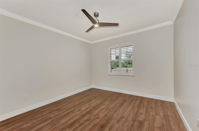 unfurnished room with ceiling fan, wood-type flooring, and crown molding