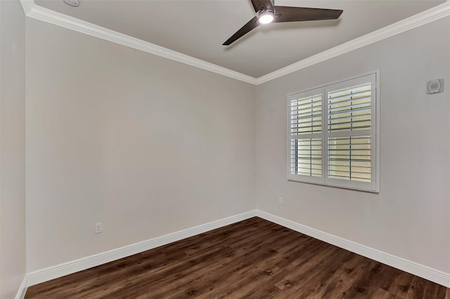 spare room featuring ceiling fan, wood-type flooring, and crown molding