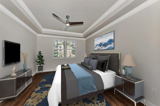 bedroom featuring a raised ceiling, crown molding, ceiling fan, and dark wood-type flooring