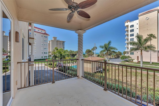 balcony featuring ceiling fan