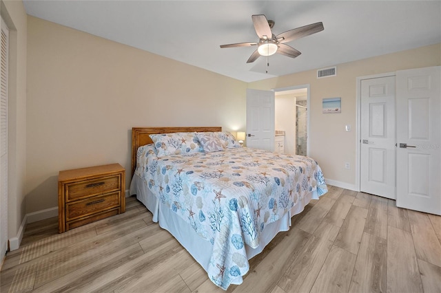 bedroom featuring ceiling fan and light wood-type flooring