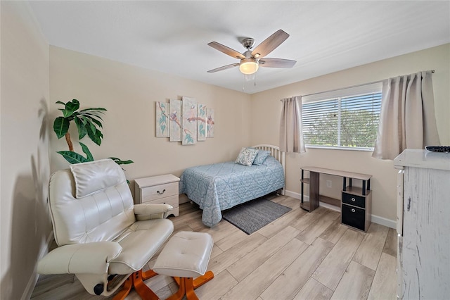 bedroom with ceiling fan and light wood-type flooring