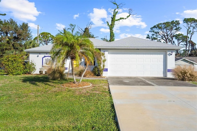 ranch-style home featuring a garage and a front yard