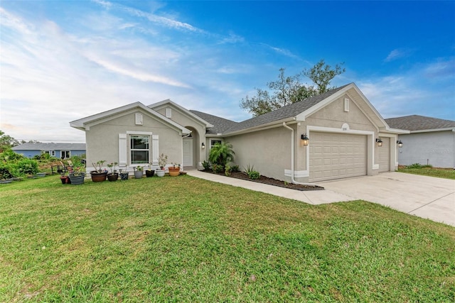 single story home featuring a garage and a front lawn