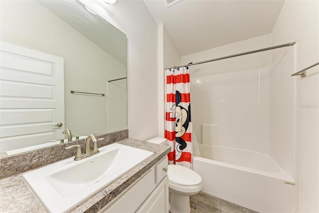 full bathroom with vanity, toilet, and shower / tub combo with curtain