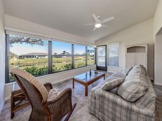 living room featuring lofted ceiling and ceiling fan