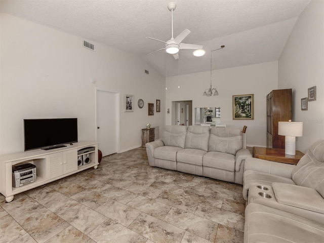 living room with high vaulted ceiling, a textured ceiling, and ceiling fan