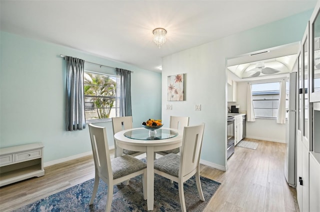 dining room with light hardwood / wood-style floors and ceiling fan with notable chandelier