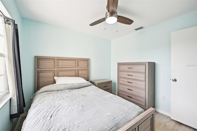 bedroom featuring ceiling fan and light hardwood / wood-style floors