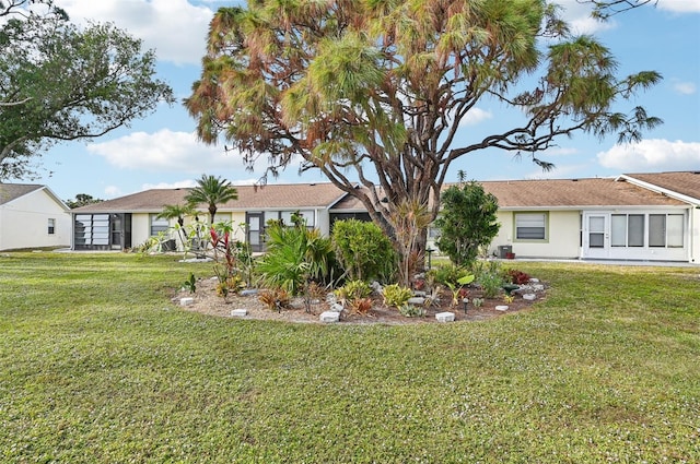 rear view of property featuring a lawn