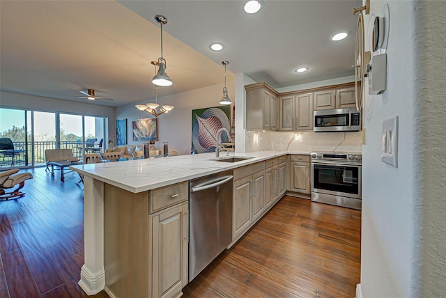 kitchen featuring kitchen peninsula, stainless steel appliances, dark hardwood / wood-style floors, and sink