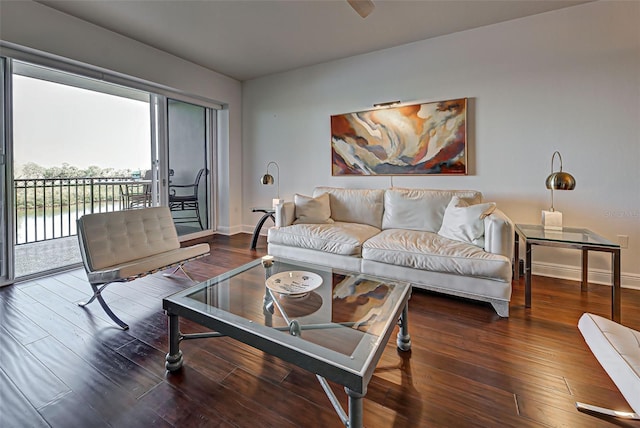 living room with dark hardwood / wood-style flooring