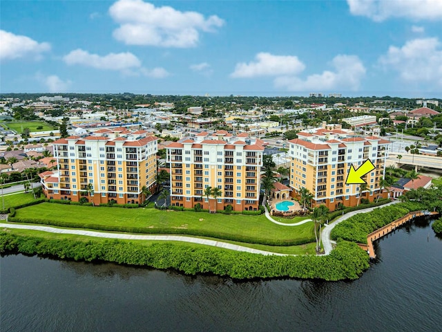 aerial view featuring a water view