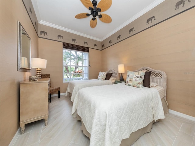 bedroom with ceiling fan and ornamental molding