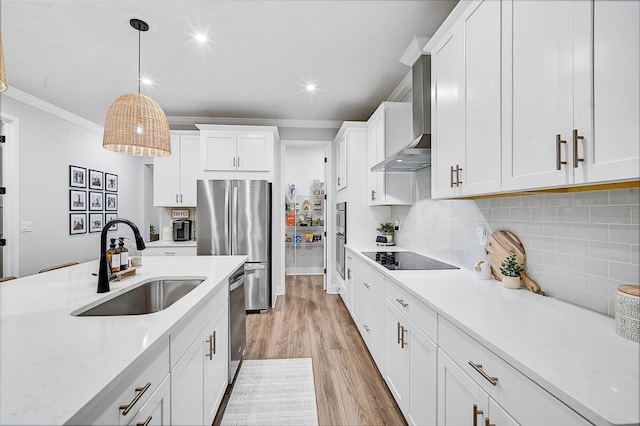 kitchen with hanging light fixtures, sink, appliances with stainless steel finishes, light hardwood / wood-style floors, and white cabinetry