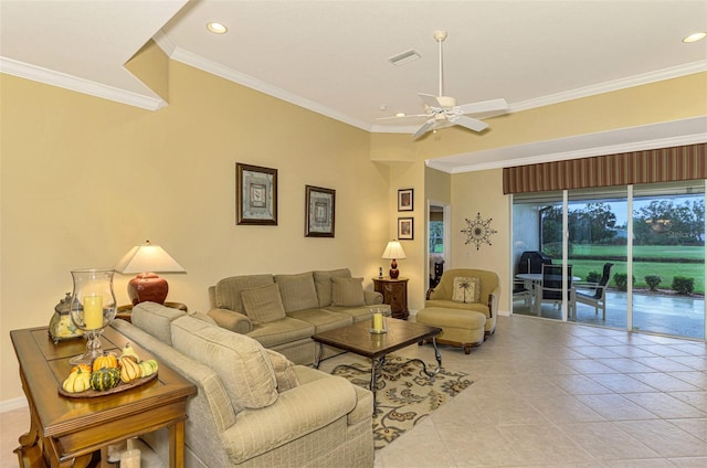 tiled living room featuring ceiling fan and ornamental molding