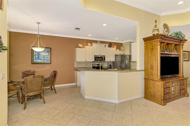 kitchen featuring hanging light fixtures, light stone counters, kitchen peninsula, light tile patterned floors, and appliances with stainless steel finishes