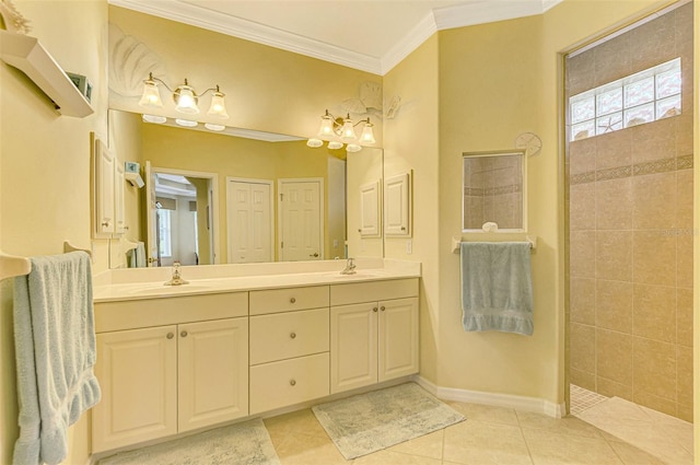 bathroom with tile patterned floors, vanity, a shower, and ornamental molding