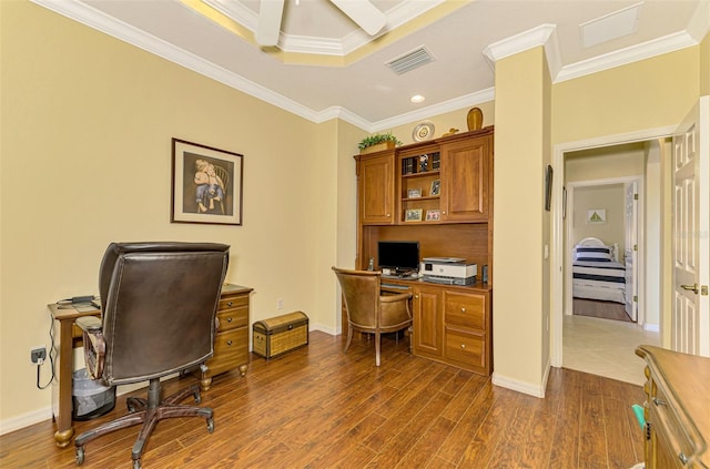 office space with dark hardwood / wood-style flooring and crown molding