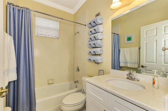 full bathroom featuring vanity, toilet, ornamental molding, and shower / tub combo