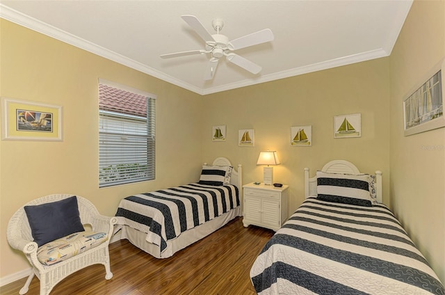 bedroom featuring crown molding, ceiling fan, and dark wood-type flooring