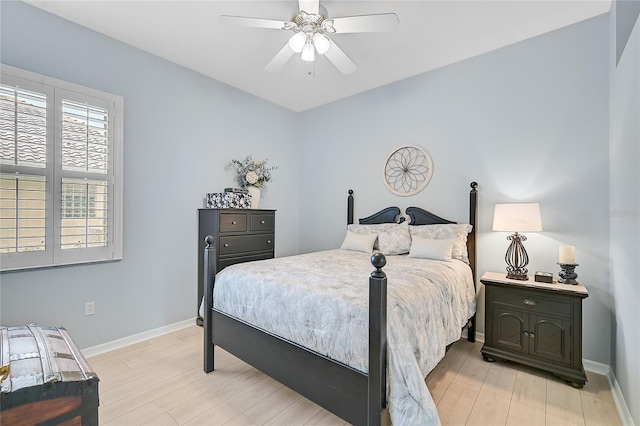 bedroom with ceiling fan and light hardwood / wood-style floors