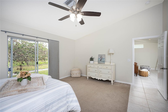 bedroom with access to outside, ceiling fan, and light tile patterned floors