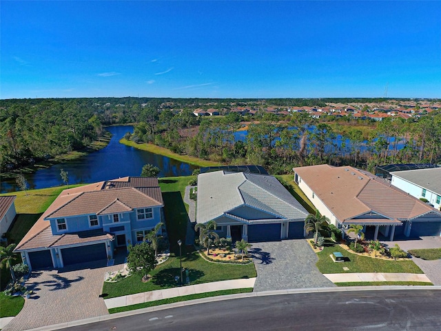 aerial view featuring a water view