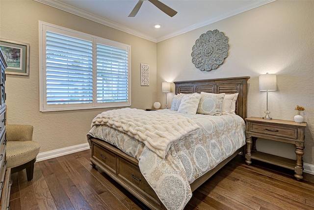 bedroom with crown molding, ceiling fan, and dark wood-type flooring