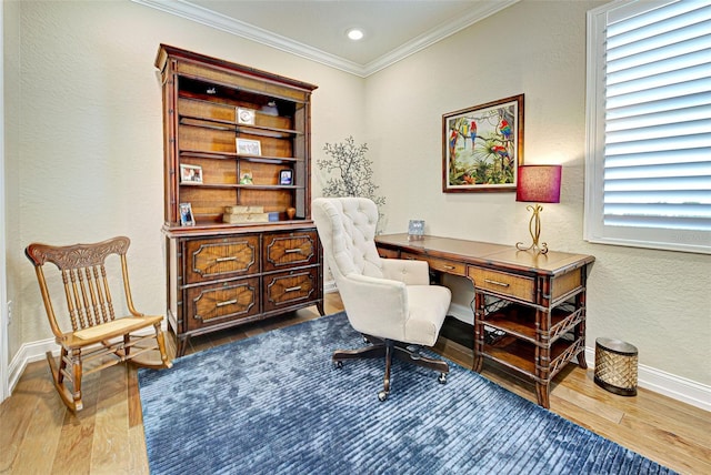 office with ornamental molding and wood-type flooring