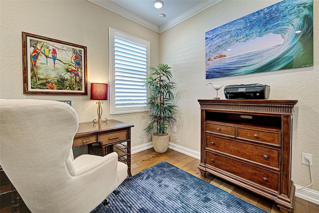 office space featuring hardwood / wood-style floors and ornamental molding