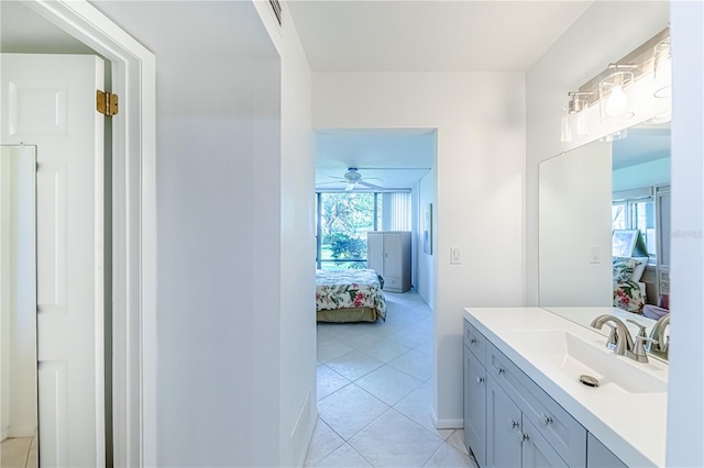 bathroom featuring tile patterned flooring, vanity, and ceiling fan